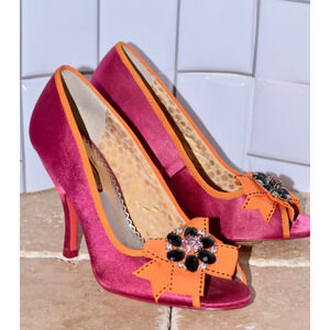 Poetic License Dazzling Satin Peep Toe Pumps Fuchsia & Orange Embellished Bow